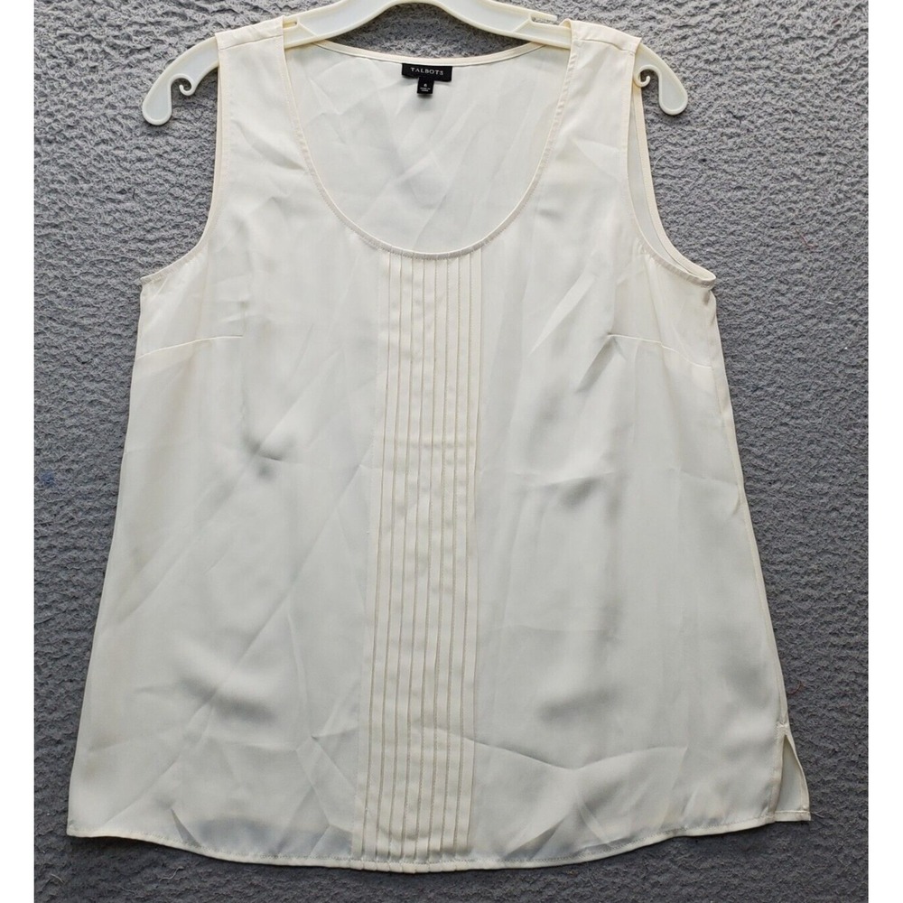 Talbots Tank Top Women's 6 Tan Pleated Sleeveless Round Neck Pintuck Detail Slit